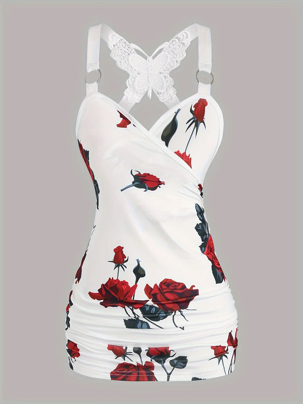Rose Print Pleated Suspenders Butterfly Lace Cross Vest Women’s Tops